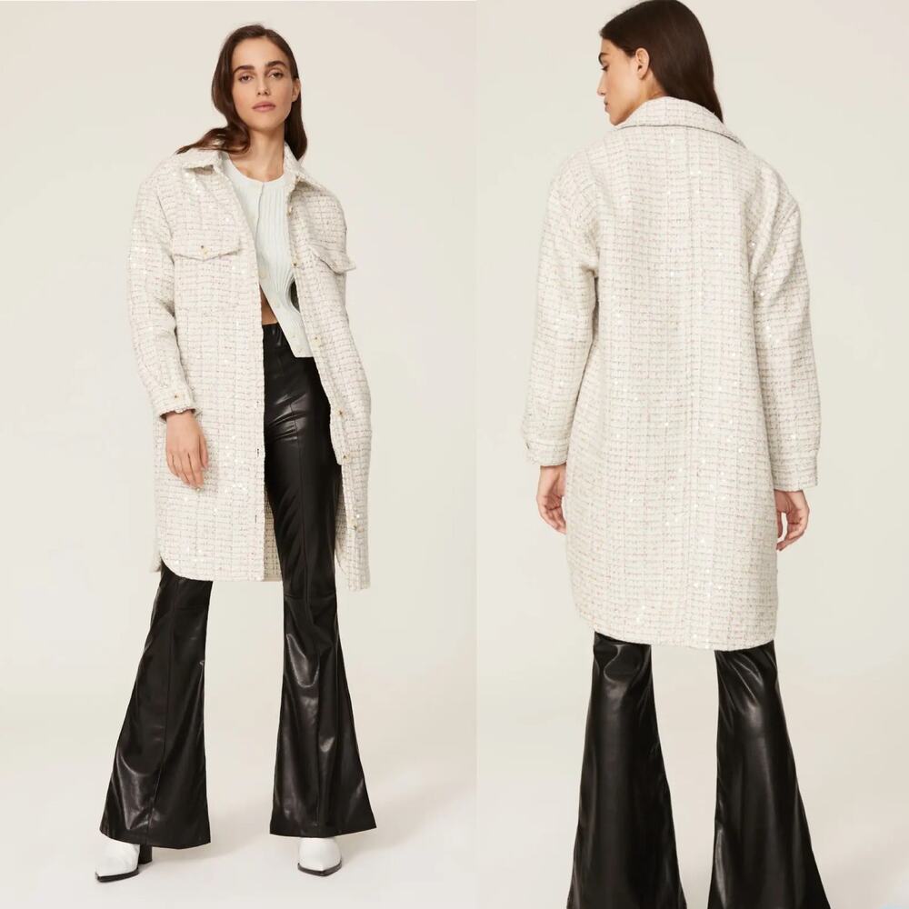 Blank NYC Grand Entrance Cream Tweed Button Front Sequin Shirt Jacket Small